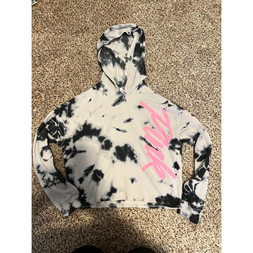 Victoria's Secret‎ PINK Black & White Tie-Dye Hoodie with Pink Logo Sweatshirt S
